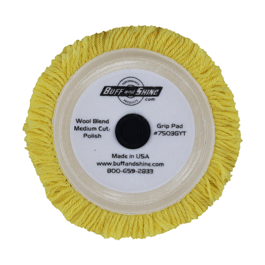 7503GYT - 7.5" Yellow Wool Blend (4 Ply Twist) Grip Wool Pad with Center Tee - Polishing